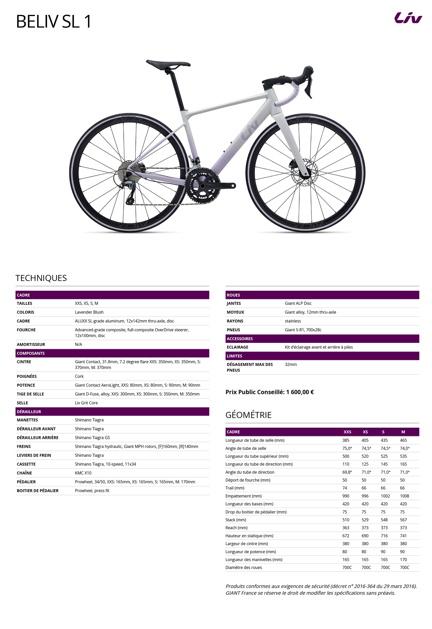 Fiche technique du velo Beliv SL 1 année 2026